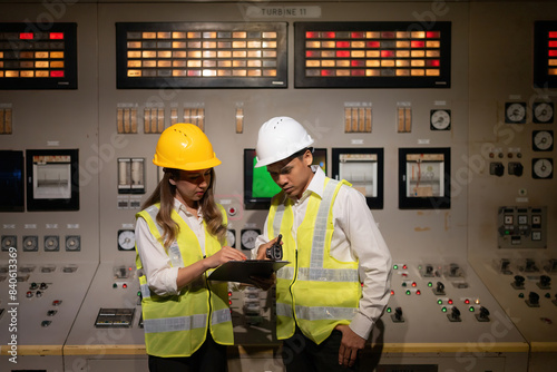 фотографія Asian male and female engineers collaborate in a nuclear power plant, brainstorming to produce energy for global export while machines and mechanisms operate in the control room