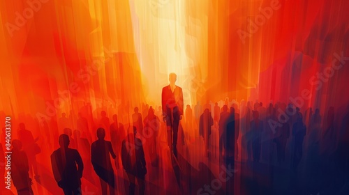 Abstract painting of a lone figure standing out from a crowd in a fiery, glowing background.