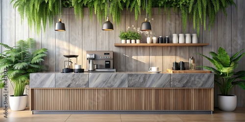 Modern design cafe with gray wood panel counter, marble top, professional espresso machine, coffee grinder © surapong