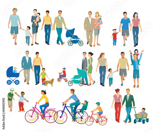 Eine große Gruppe von Eltern mit Kindern, isoliert illustration