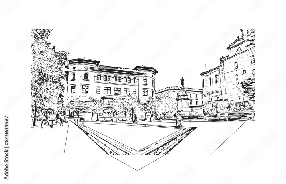 Print Building view with landmark of Santander is the city in Spain. Hand drawn sketch illustration in vector.