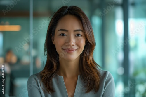 Portrait of filipina woman beautiful business leader, in modern bright office boardroom, professional atmosphere, leadership, diverse workplace, corporate setting.