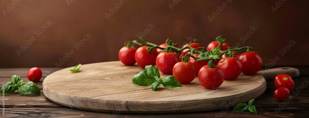 Mock up banner template of products display | Wooden round table with wooden pizza board, fresh tomatoes and basil on dark brown background with copy space for product presentation Mock up banner template of products display | Wooden round table with wooden pizza board, fresh tomatoes and basil on dark brown background with copy space for product presentation
