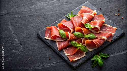 Cured ham slices on black board , prosciutto crudo, Italian, delicacy, gourmet, appetizer, meat, charcuterie, savory, food, delicious, sliced, board, black, cuisine, traditional, pork, salted
