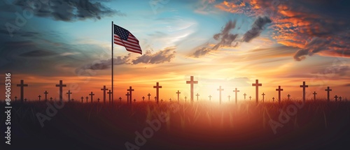 Silent Remembrance - White Crosses Cemetery with Half-Mast Flag Blank Sky for Text Space photo