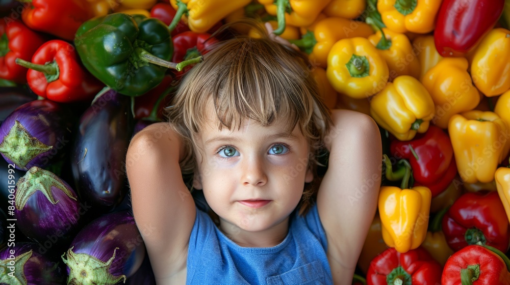 Fototapeta premium boy with red, green and yellow peppers along with purple eggplants generative ai