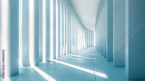 Airy White Hallway With Sunlight Streaming Through Pillars