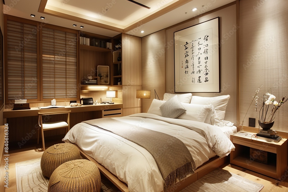 Obraz premium This image depicts a luxurious spa-like Asian bedroom retreat, featuring a plush canopy bed, designed to offer ultimate relaxation and tranquility in an elegant setting.