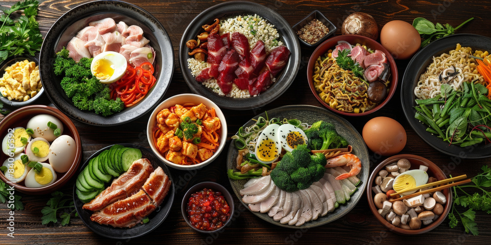 Assorted fresh ingredients arranged in bowls on a dark wooden table, showcasing a colorful variety of vegetables, meats, grains, and eggs, perfect for culinary inspiration and food preparation.. Assorted fresh ingredients arranged in bowls on a dark wooden table, showcasing a colorful variety of vegetables, meats, grains, and eggs, perfect for culinary inspiration and food preparation..