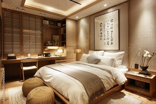 This image depicts a luxurious spa-like Asian bedroom retreat, featuring a plush canopy bed, designed to offer ultimate relaxation and tranquility in an elegant setting.