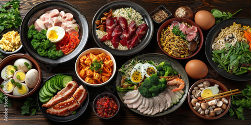 Assorted fresh ingredients arranged in bowls on a dark wooden table, showcasing a colorful variety of vegetables, meats, grains, and eggs, perfect for culinary inspiration and food preparation..