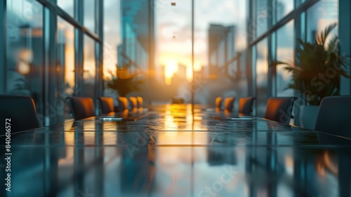 Empty Conference Room With City Skyline View at Sunset