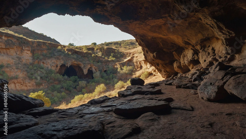 Cave interior with an expansive view outside.