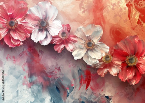 a copic marker 3d render illustration of red, white, pink and gold flowers on an colorful abstract ink wash background  photo