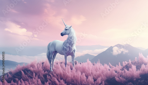 A unicorn stands in a field of pink flowers