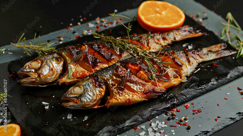 Deliciously Grilled Fish Exquisite Whole Fish Dish Garnished with Fresh Herbs, Cherry Tomatoes, and Slices of Lemon on a Black Plate – A Perfect Example of Gourmet Cuisine and Elegant Seafood Deliciously Grilled Fish Exquisite Whole Fish Dish Garnished with Fresh Herbs, Cherry Tomatoes, and Slices of Lemon on a Black Plate – A Perfect Example of Gourmet Cuisine and Elegant Seafood