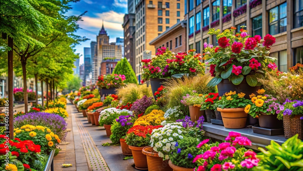 Vibrant urban gardening showcasing colorful plants and flowers in a city setting , Urban, gardening,vibrant, colorful, plants, flowers, city, activity, greenery, nature, urban lifestyle