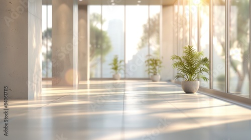 Sunny Modern Office Corridor With Plant and Blurred Background
