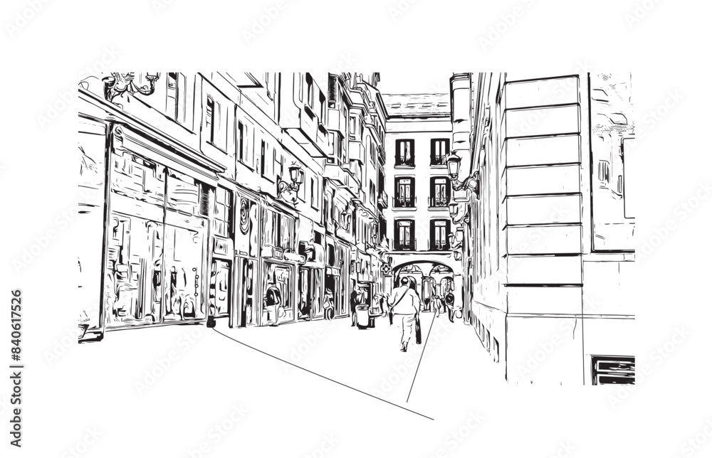 Print Building view with landmark of Santander is the city in Spain. Hand drawn sketch illustration in vector.