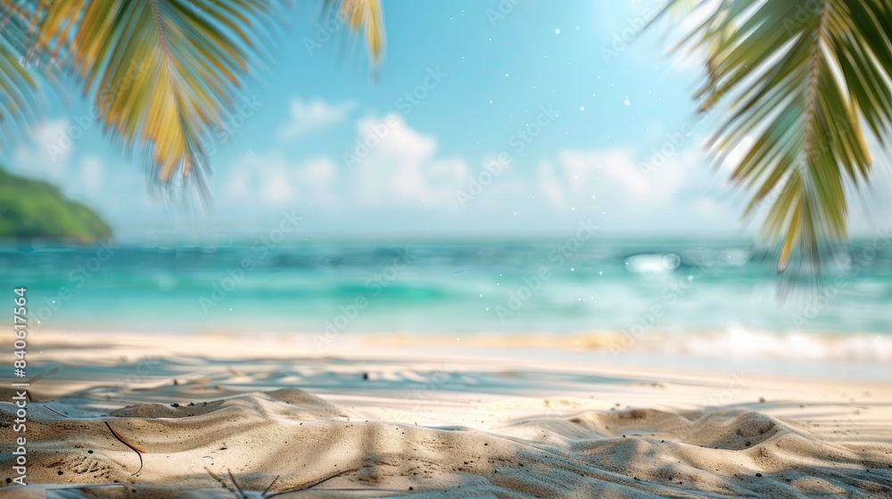 Obraz premium Blurred Beach View Through Palm Fronds on a Sunny Day