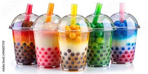Bubble tea cup with lid and straw filled with colorful tapioca balls isolated on white background , bubble tea, pearl boba milk tea, cute, , flat style, plastic cup, lid, straw, tapioca balls photo