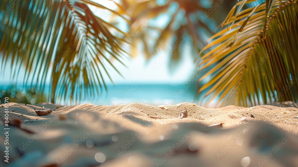 Fototapeta premium Defocused Palm Tree Fronds Frame a Sunny Beach Scene