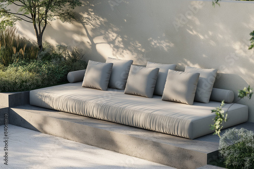 sofa and pillows, A 3D rendering of a minimal outdoor terrace featuring a concrete outdoor couch adorned with plush pillows