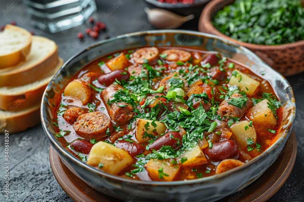 Stew with bread and vegetables on table Stew with bread and vegetables on table