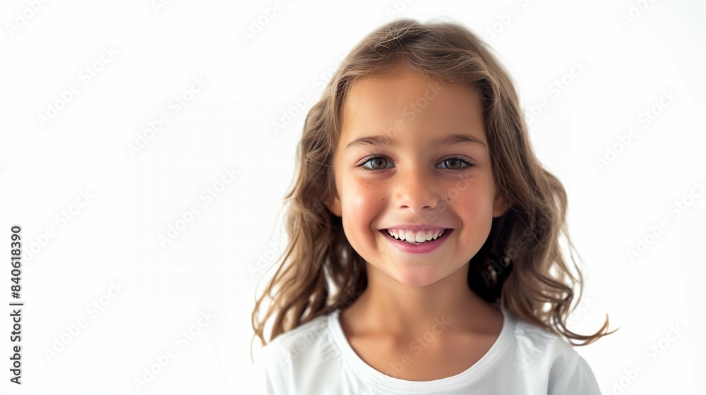 Young girl smiles,in white t-shirt,white background,portrait photography,copy space. Young girl smiles,in white t-shirt,white background,portrait photography,copy space.