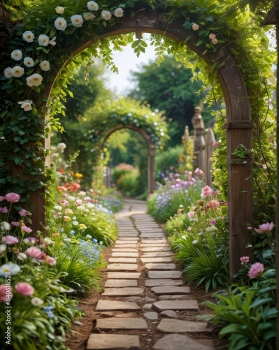 A peaceful garden path lined with blooming flowers and greenery  leading to a wooden archway  captured from a low perspective