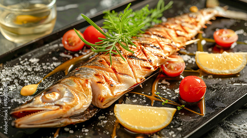 Deliciously Grilled Fish Exquisite Whole Fish Dish Garnished with Fresh Herbs, Cherry Tomatoes, and Slices of Lemon on a Black Plate – A Perfect Example of Gourmet Cuisine and Elegant Seafood © Korea Saii
