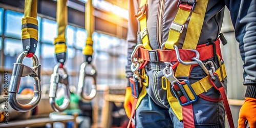 High-quality stock photo of a fall arrest device for a worker with safety belt hooks , high-altitude, equipment, workplace safety, harness, safety gear, construction, industrial photo