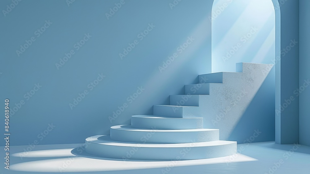 Minimalist Light Blue Room With Circular Staircase and Archway Minimalist Light Blue Room With Circular Staircase and Archway