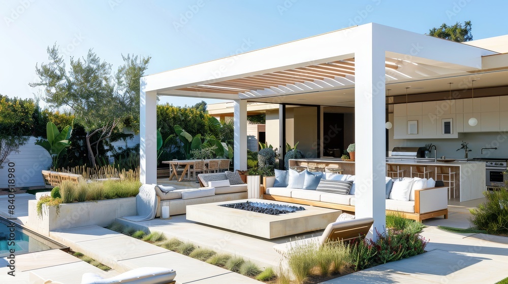 Fototapeta premium Coastal Elegance: Modern Patio with White Pergola, Spacious Seating Area, Fire Pit, and Lush Plants
