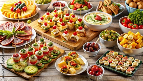 Finger food party buffet on a table  appetizers  snacks  hors d oeuvres  party  catering  small bites  elegant  selection  variety  tasty  delicious  gourmet  presentation  display