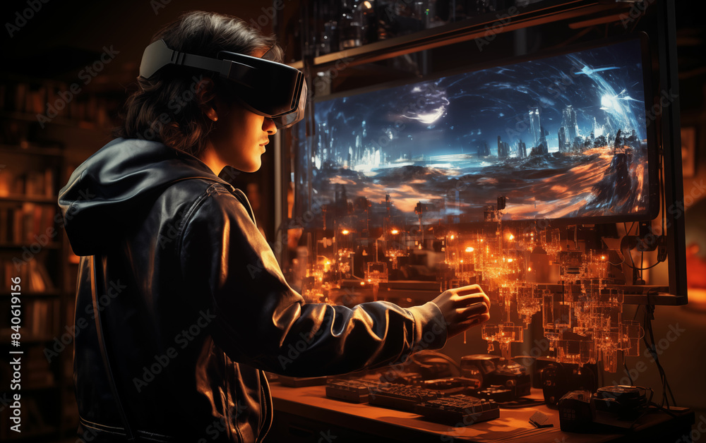 Man wearing virtual reality headset looking at city. Generative AI Man wearing virtual reality headset looking at city. Generative AI