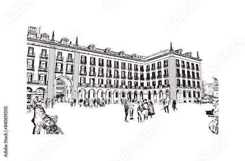 Print Building view with landmark of Santander is the city in Spain. Hand drawn sketch illustration in vector.