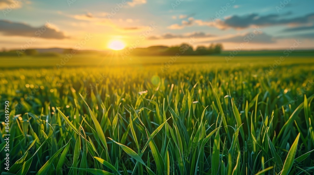Fototapeta premium Lush Green Grass Field at Sunset