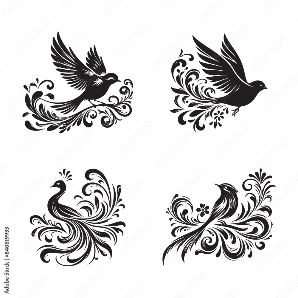 Obraz premium vector illustration set of birds, graphic unique design art of floral bird silhouette sign symbol