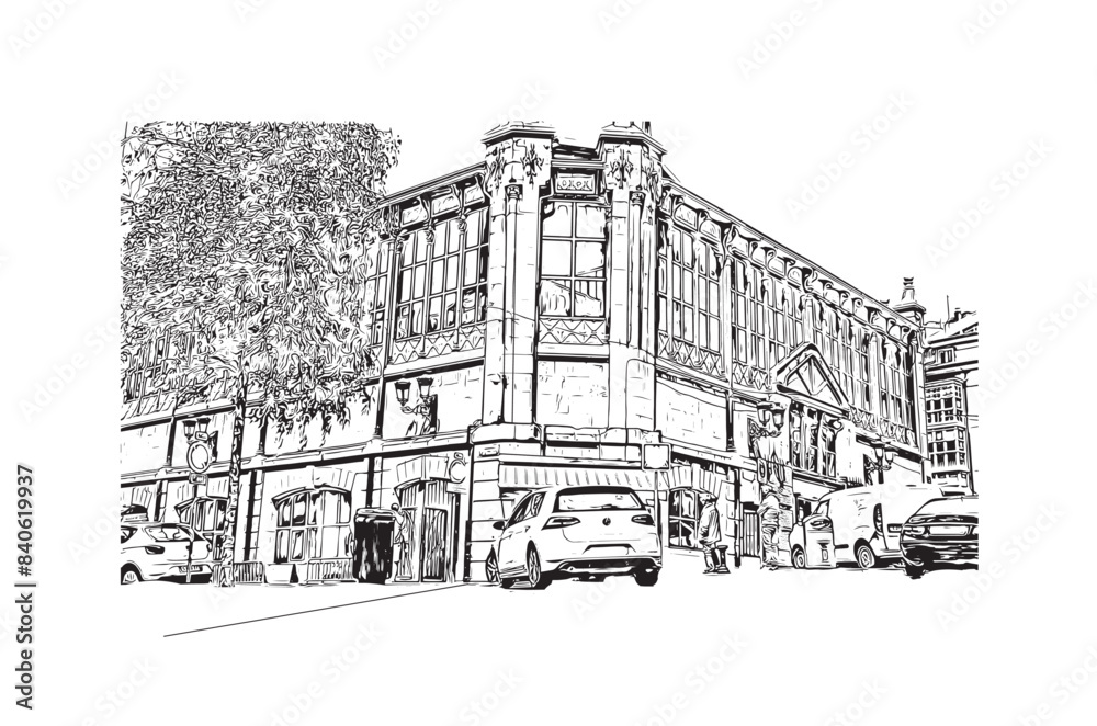 Print Building view with landmark of Santander is the city in Spain. Hand drawn sketch illustration in vector.