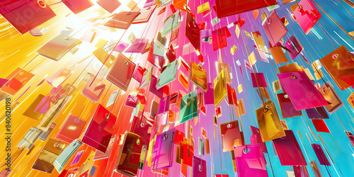 Discount Cascade: Abstract cascade of falling price tags and promotional offers in a continuous flow.