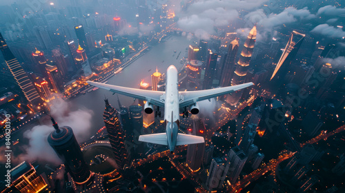 Aerial View of Airplane Flying Over Skyscrapers photo