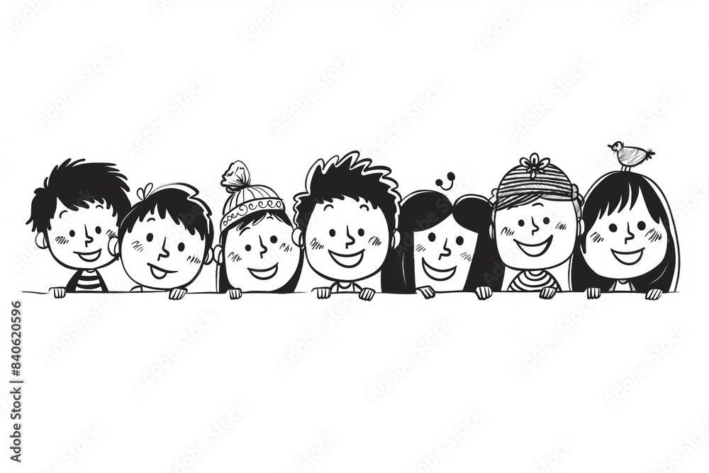 Cartoon children in black and white, smiling and playful, highlighting innocence and happiness Cartoon children in black and white, smiling and playful, highlighting innocence and happiness