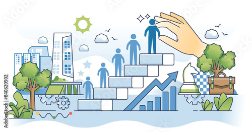 Succession planning and business career development outline hands concept. Employee professional growth with high ambitions, targets and goals vector illustration. Mentoring leadership as motivator.