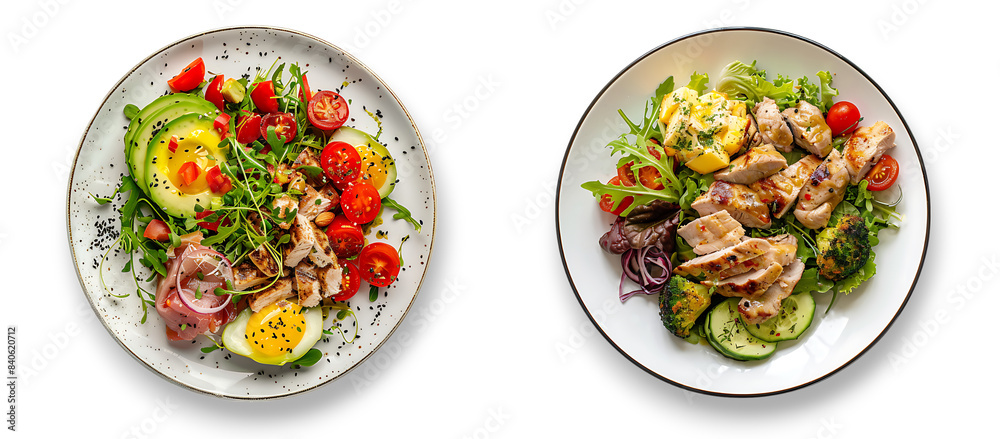 Set of healthy, fresh keto salad with sliced grilled chicken, ham, and grilled vegetables is placed on a white plate, isolated on transparent background. Set of healthy, fresh keto salad with sliced grilled chicken, ham, and grilled vegetables is placed on a white plate, isolated on transparent background.
