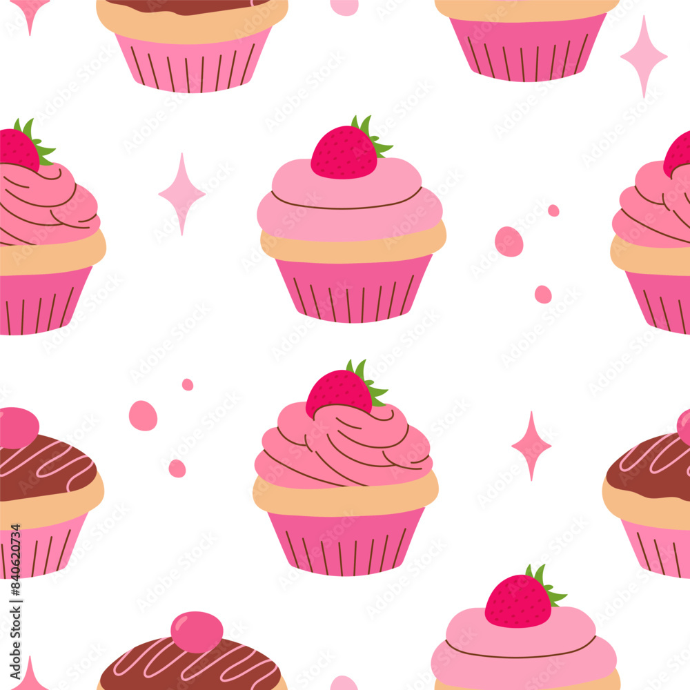pink cupcakes seamless pattern, various cupcakes with cream, frosting, chocolate, cherry, strawberry, sweet dessert, pattern for print, wallpaper, wrapping, fabric and more pink cupcakes seamless pattern, various cupcakes with cream, frosting, chocolate, cherry, strawberry, sweet dessert, pattern for print, wallpaper, wrapping, fabric and more