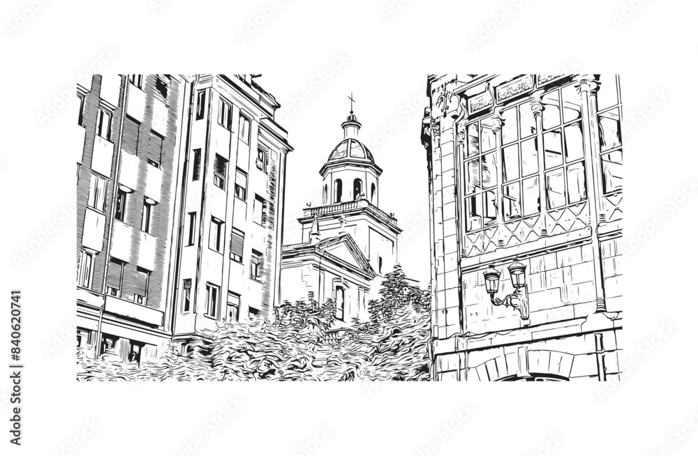 Print Building view with landmark of Santander is the city in Spain. Hand drawn sketch illustration in vector.