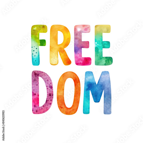 Freedom watercolor colorful doodle pattern dots text on transparent background