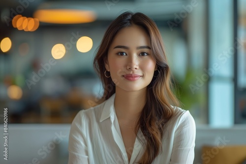 Portrait of filipina woman beautiful business leader, in modern bright office boardroom, professional atmosphere, leadership, diverse workplace, corporate setting.