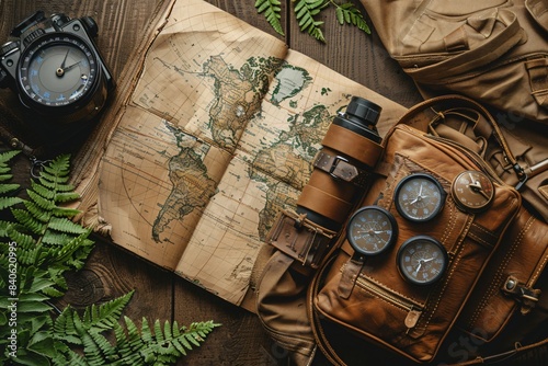 Close-up: map, watch, backpack on table photo